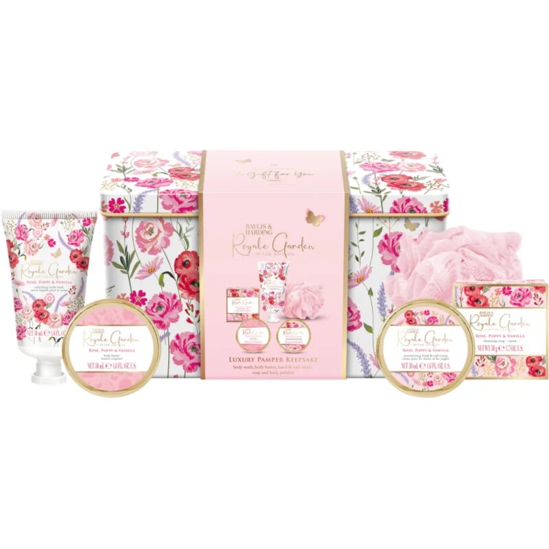 Baylis & Harding Royale Garden Rose Poppy & Vanilla darilni set kovinska škatla