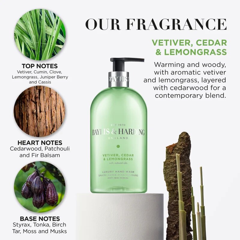 Baylis & Harding Vetiver Cedar & Lemongrass Anti-Bacterial tekoče milo za roke 500 ml