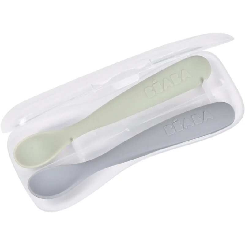 Beaba Set of 2 Ergonomic Spoons žlička z etuijem Pebble Green 4m+ 2 kos