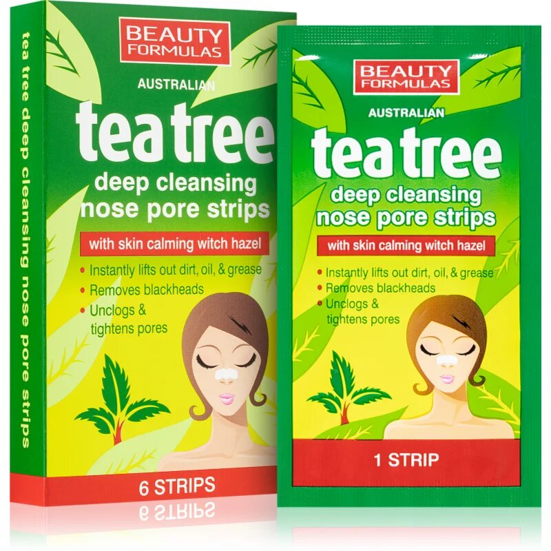 Beauty Formulas Tea Tree čistilni obliž za zamašene pore na nosu 6 kos