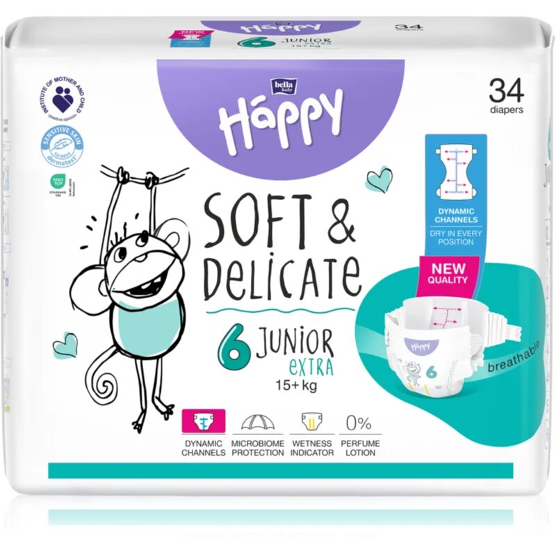 BELLA Baby Happy Soft&Delicate plenice za enkratno uporabo s kanalčki Junior Extra 15+ kg 34 kos