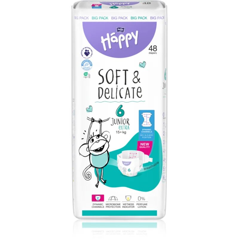 BELLA Baby Happy Soft&Delicate plenice za enkratno uporabo s kanalčki Junior Extra 15+ kg 48 kos