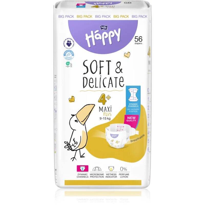 BELLA Baby Happy Soft&Delicate plenice za enkratno uporabo s kanalčki Maxi Plus 9-15 kg 56 kos