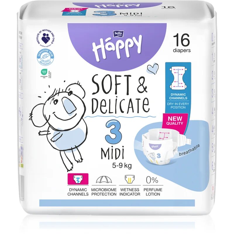 BELLA Baby Happy Soft&Delicate plenice za enkratno uporabo s kanalčki Midi 5-9 kg 16 kos