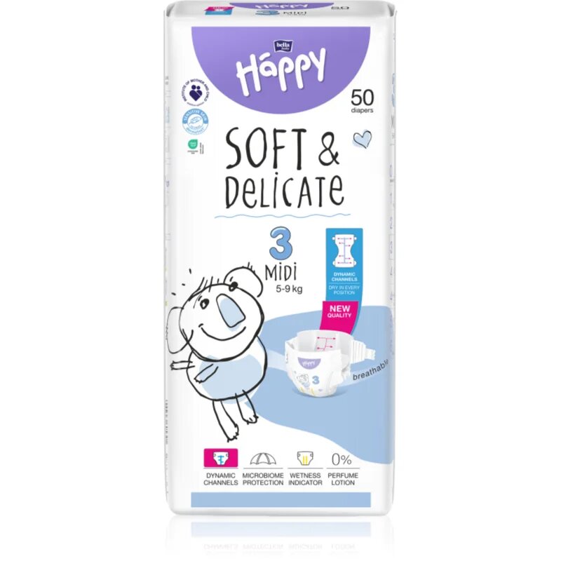 BELLA Baby Happy Soft&Delicate plenice za enkratno uporabo s kanalčki Midi 5-9 kg 50 kos
