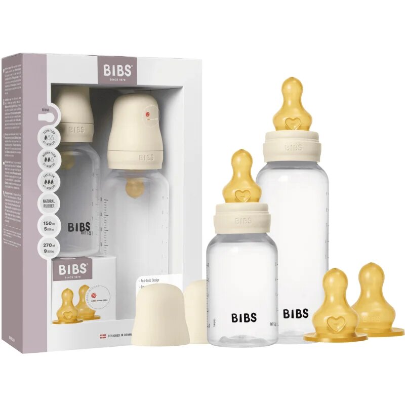 BIBS Anti-Colic Baby Bottle Set antikolična steklenička s cucljem iz naravnega kavčuka Ivory