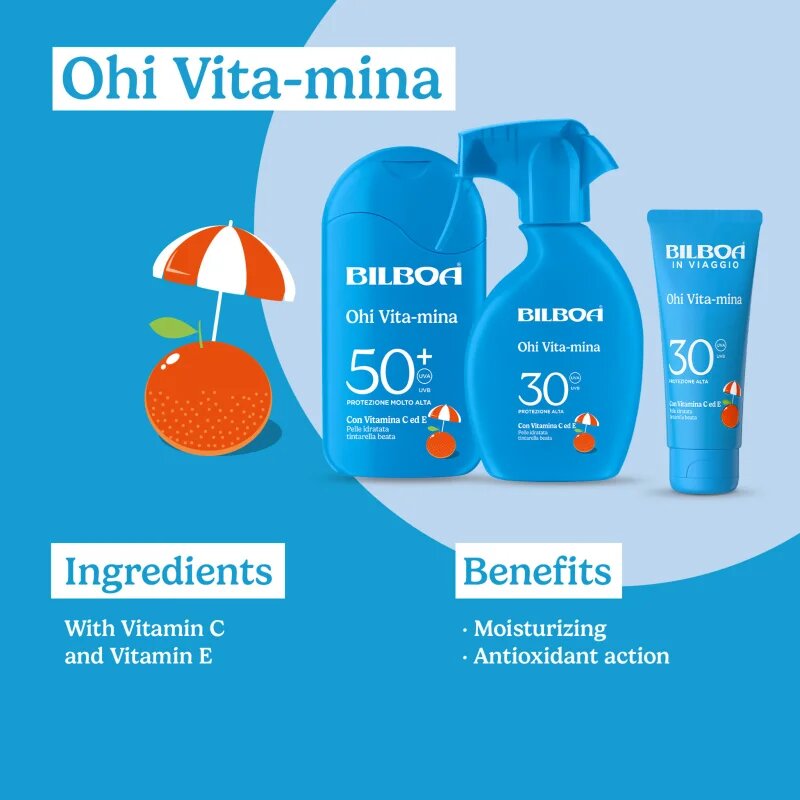 Bilboa Ohi Vitamina Trigger pršilo za sončenje z vitamini SPF 50+ 250 ml