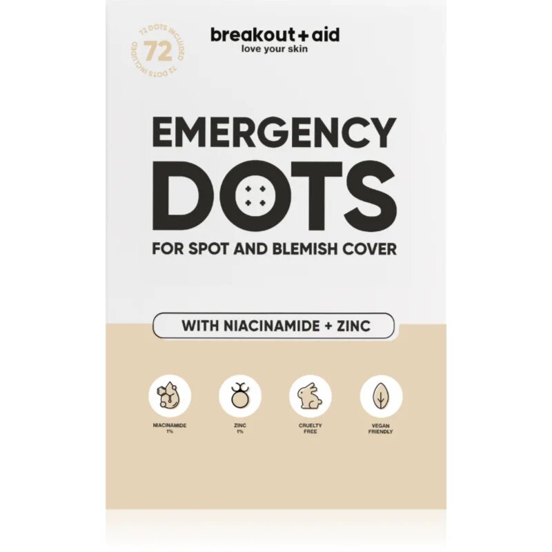 breakout + aid Emergency Dots For Spots and Blemishes lokalna nega proti aknam z niacinamidom in cinkom 72 kos