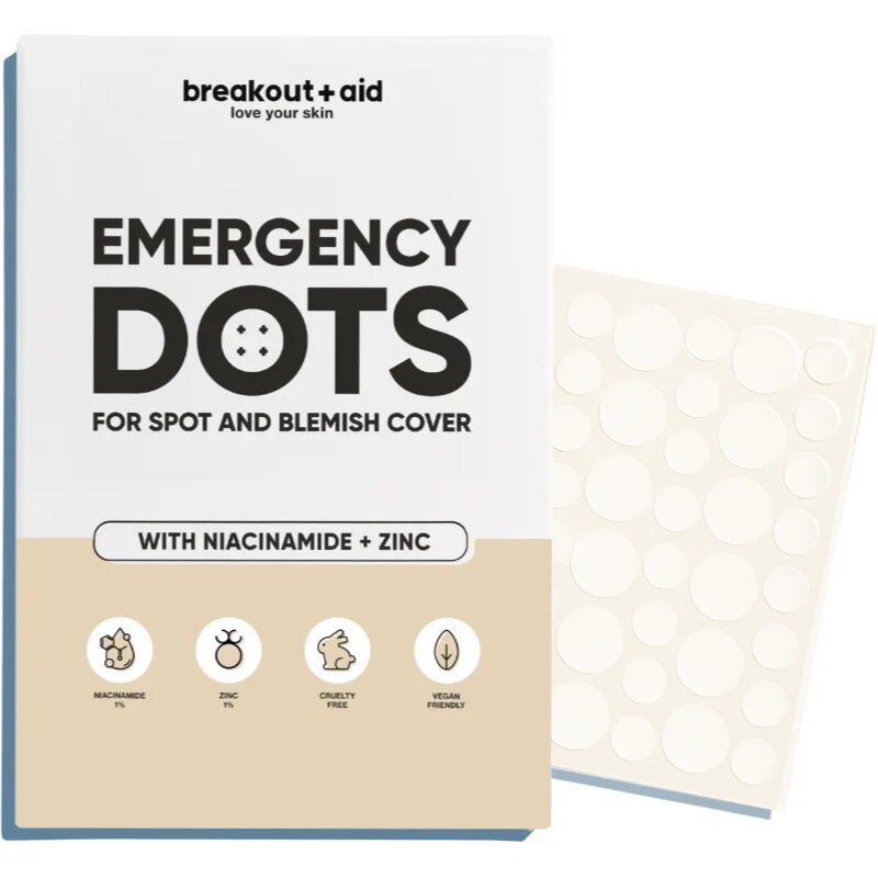 breakout + aid Emergency Dots For Spots and Blemishes lokalna nega proti aknam z niacinamidom in cinkom 72 kos