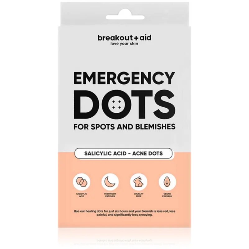 breakout + aid Emergency Dots For Spots and Blemishes lokalna nega proti aknam za obraz dekolte in hrbet s salicilno kislino 72 kos
