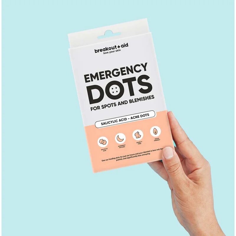 breakout + aid Emergency Dots For Spots and Blemishes lokalna nega proti aknam za obraz dekolte in hrbet s salicilno kislino 72 kos