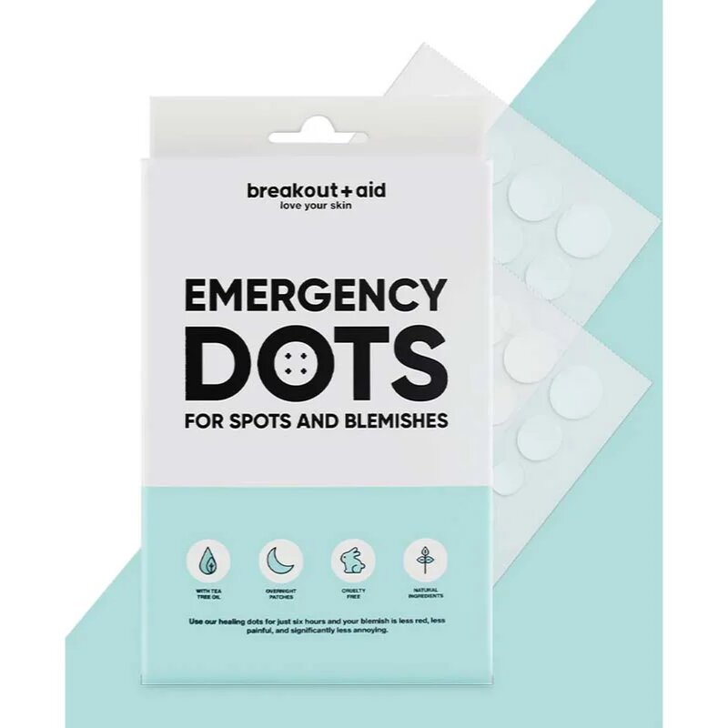 breakout + aid Emergency Dots For Spots and Blemishes lokalna nega proti aknam za obraz dekolte in hrbet s Tea Tree olji 72 kos