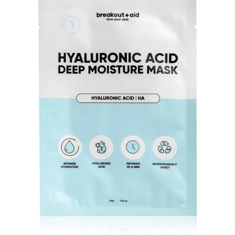 breakout + aid Hyaluronic Acid Deep Moisture Mask vlažilna tekstilna maska s hialuronsko kislino 34 g