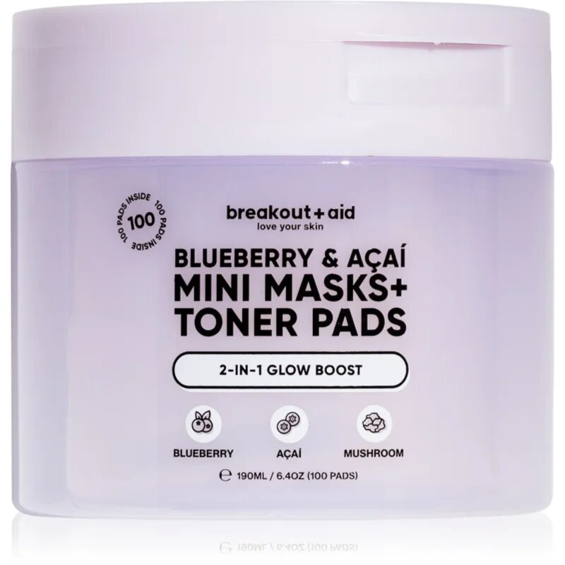 breakout + aid Mini Masks+Toner Pads Bluberry & Acai tonizirajoče blazinice za osvetljevanje kože in hidratacijo 100 ml