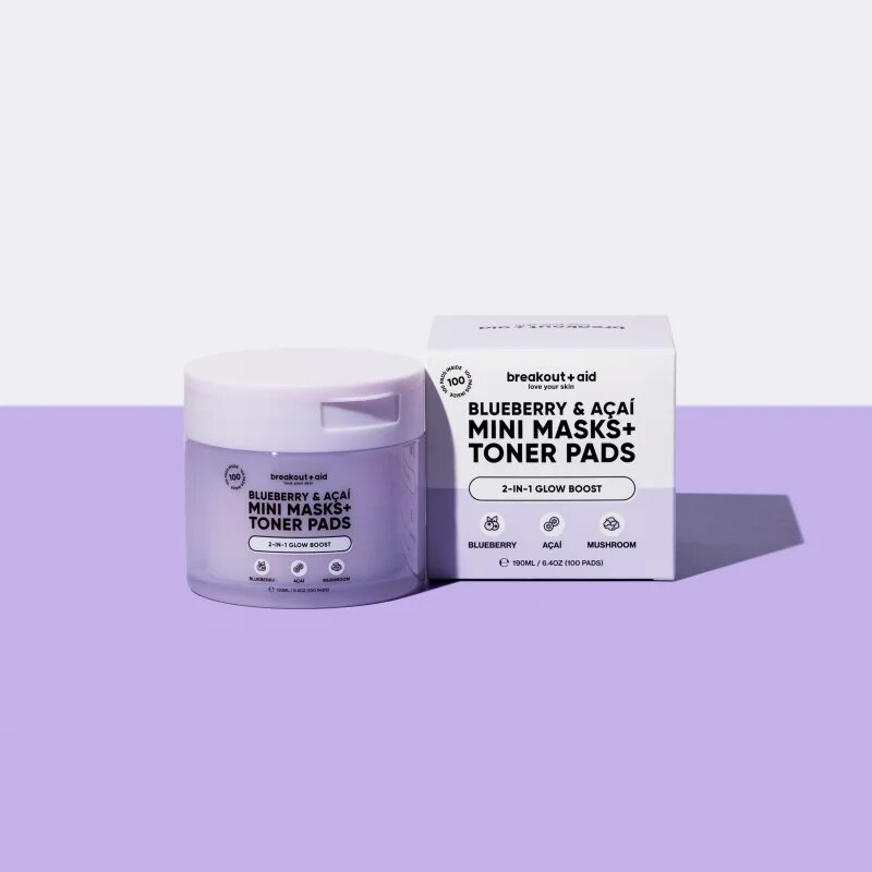 breakout + aid Mini Masks+Toner Pads Bluberry & Acai tonizirajoče blazinice za osvetljevanje kože in hidratacijo 100 ml