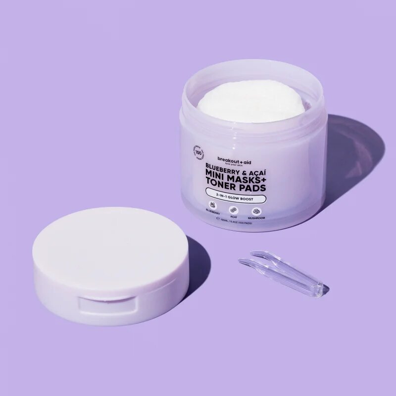 breakout + aid Mini Masks+Toner Pads Bluberry & Acai tonizirajoče blazinice za osvetljevanje kože in hidratacijo 100 ml