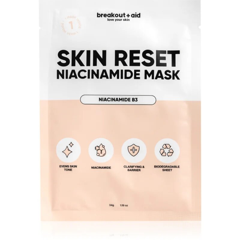 breakout + aid Skin Reset Niacinamide Mask maska iz platna z niacinamidom 34 g