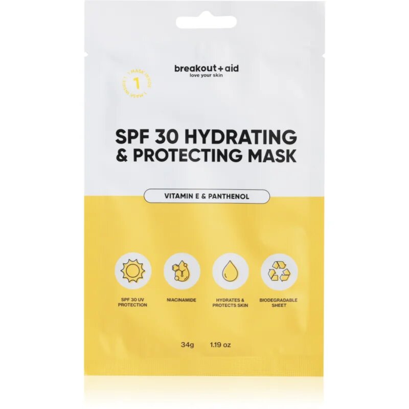 breakout + aid SPF 30 Hydrating & Protecting Mask vlažilna tekstilna maska z vitaminom E 34 g