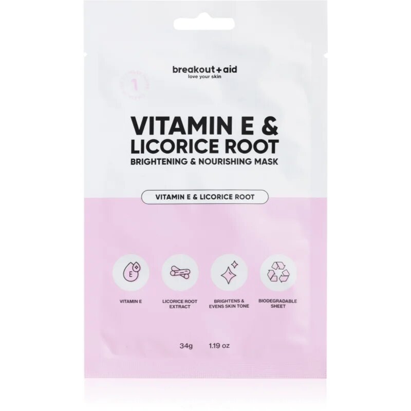 breakout + aid Vitamin E & Licorice Root revitalizacijska maska iz platna z vitaminom E 34 kos