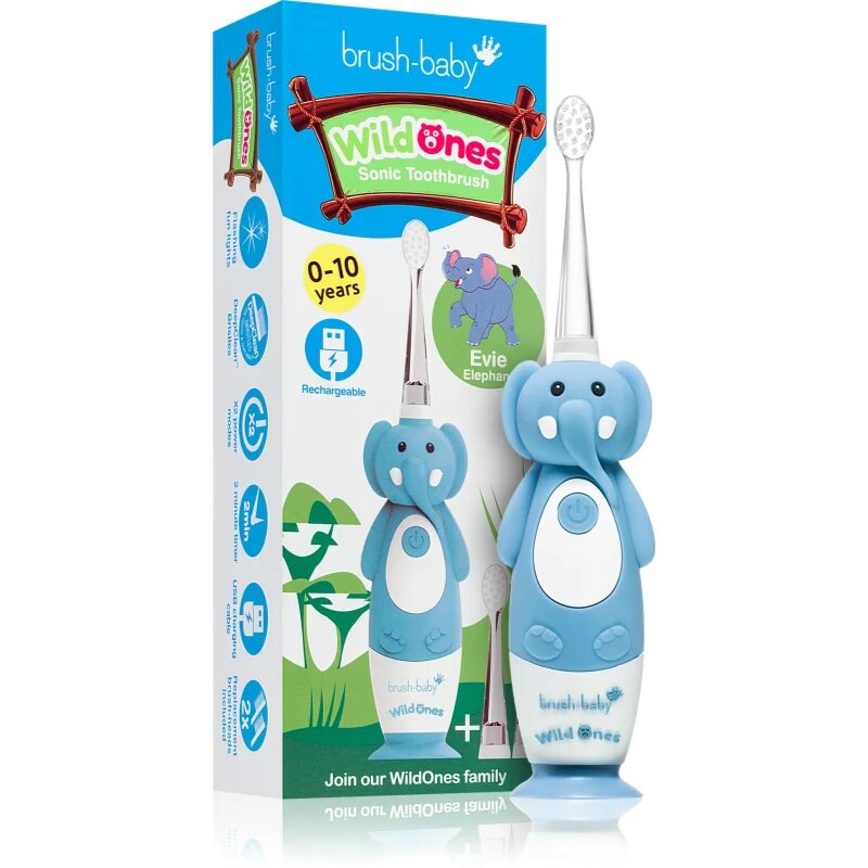 Brush Baby WildOnes WildOne električna zobna ščetka + 2 nadomestni glavi za otroke Elephant 1 kos