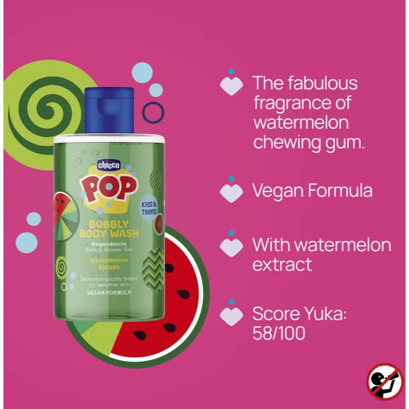 Chicco Pop Bubbly Body Wash gel za prhanje in kopanje za otroke Watermelon Splash 300 ml