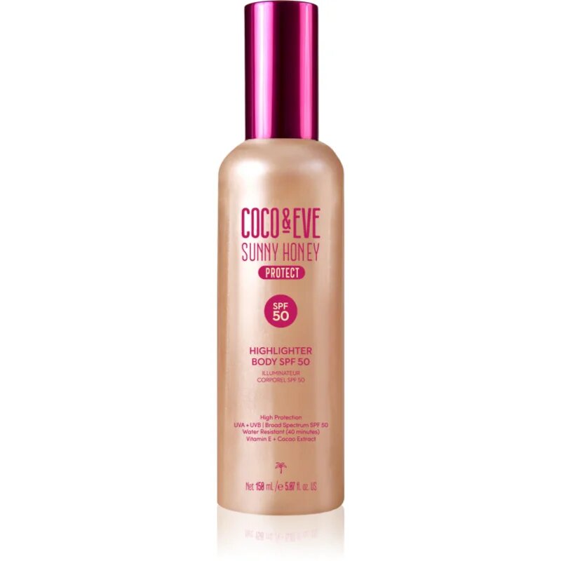 Coco & Eve Sunny Honey Highlighter Body SPF50 zaščitni serum s posvetlitvenim učinkom SPF 50 150 ml