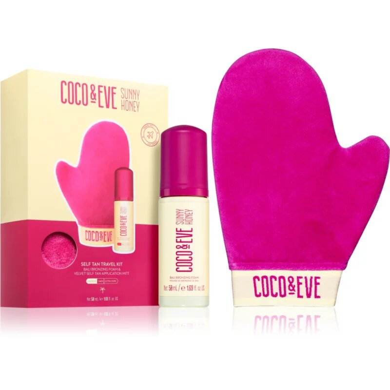 Coco & Eve Sunny Honey Ultimate Glow Travel Kit samoporjavitvena pena z aplikacijsko rokavico potovalno pakiranje Medium 60 ml