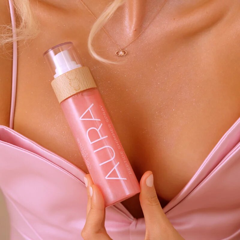 COCOSOLIS AURA Peptide Shimmer Spray vlažilno pršilo s posvetlitvenim učinkom z vonjem Strawberry Cheesecake 100 ml