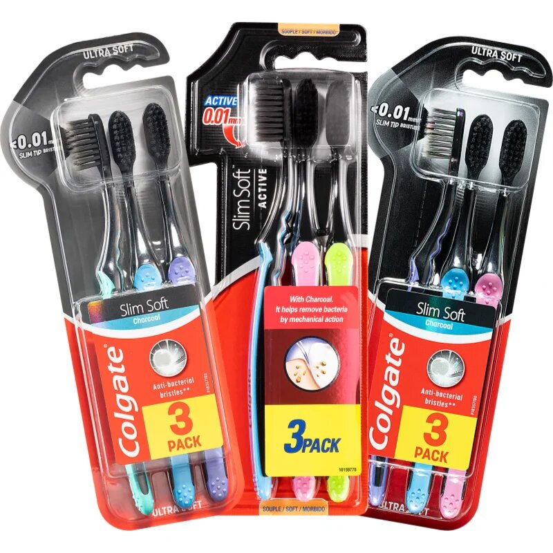 Colgate Slim Soft Active zobne ščetke z aktivnim ogljem soft 3 kos