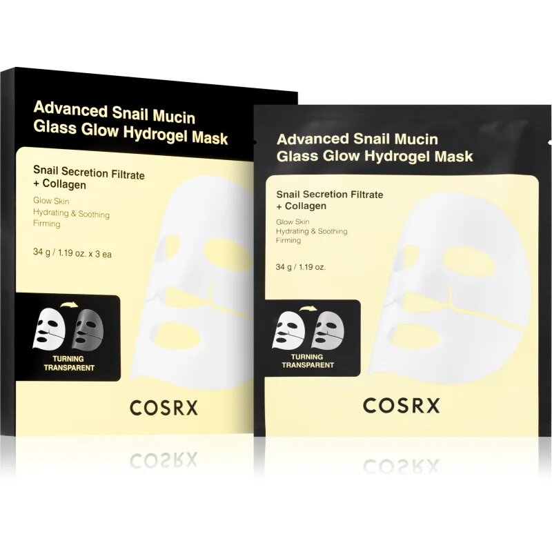 Cosrx Advanced Snail Mucin Glass Glow Hydrogel Mask revitalizacijska hidrogelna maska s polžjim izvlečkom za poenotenje tona kože 3 kos