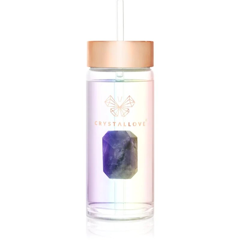 Crystallove Clear Quartz Straw Water Bottle Posoda za vodo s slamico Hologram - Amethyst 400 ml