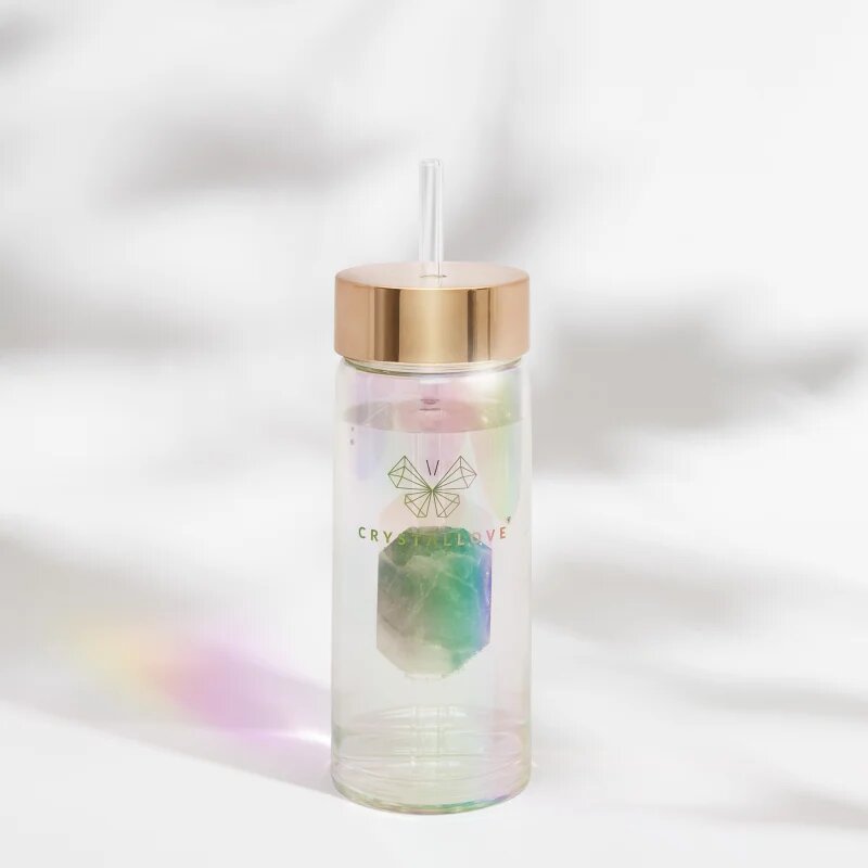 Crystallove Clear Quartz Straw Water Bottle Posoda za vodo s slamico Hologram - Amethyst 400 ml