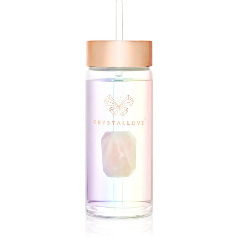 Crystallove Clear Quartz Straw Water Bottle Posoda za vodo s slamico Hologram - Rose Quartz 400 ml