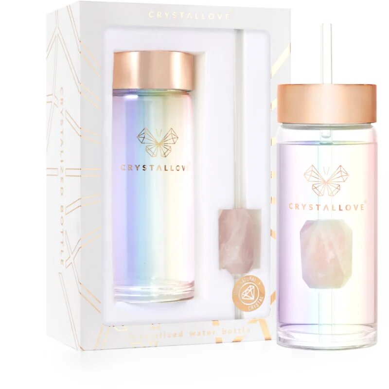 Crystallove Clear Quartz Straw Water Bottle Posoda za vodo s slamico Hologram - Rose Quartz 400 ml