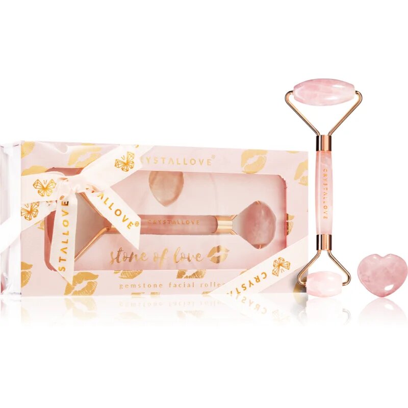 Crystallove Rose Quartz Selflove Set valjček za masažo za obraz in pripomoček za masažo