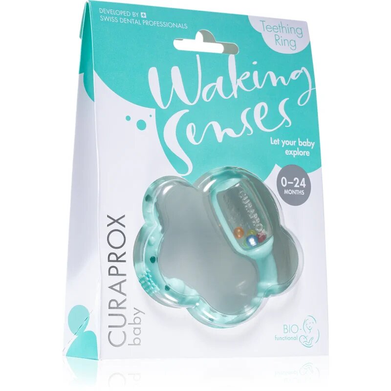 Curaprox Baby Waking Senses obroč za grizenje z masažno krtačko in ropotuljo 1 kos