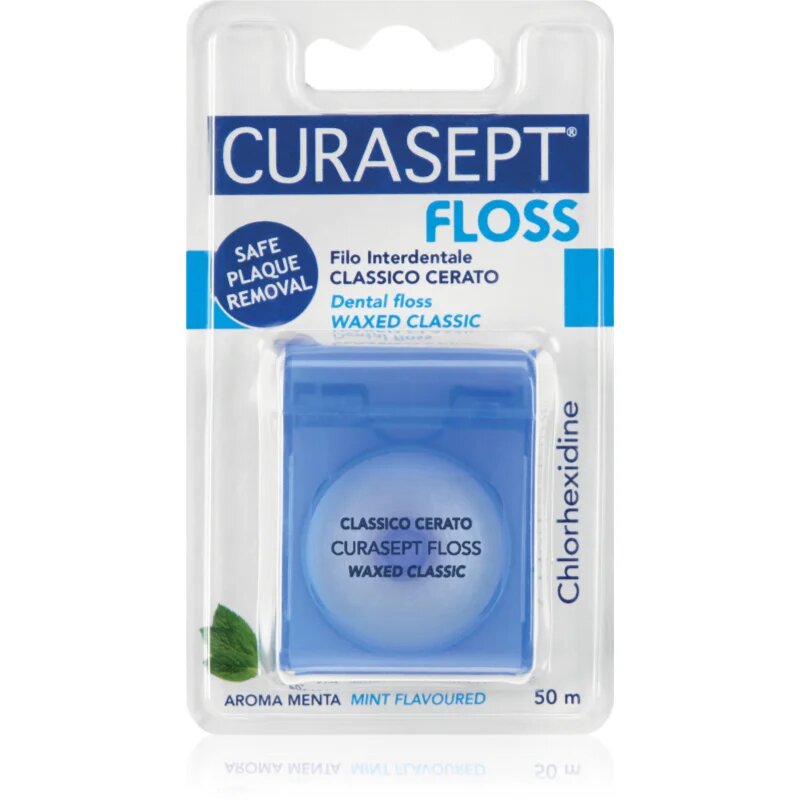 Curasept Dental Floss Waxed Classic voskasta zobna nitka z metinim okusom z antibakterijskim dodatkom 50 m
