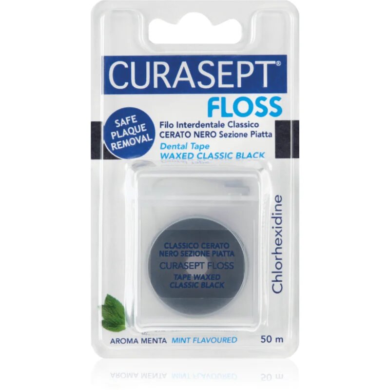 Curasept Dental Tape Waxed Classic Black voskasti dentalni trak z antibakterijskim dodatkom Mint 50 m