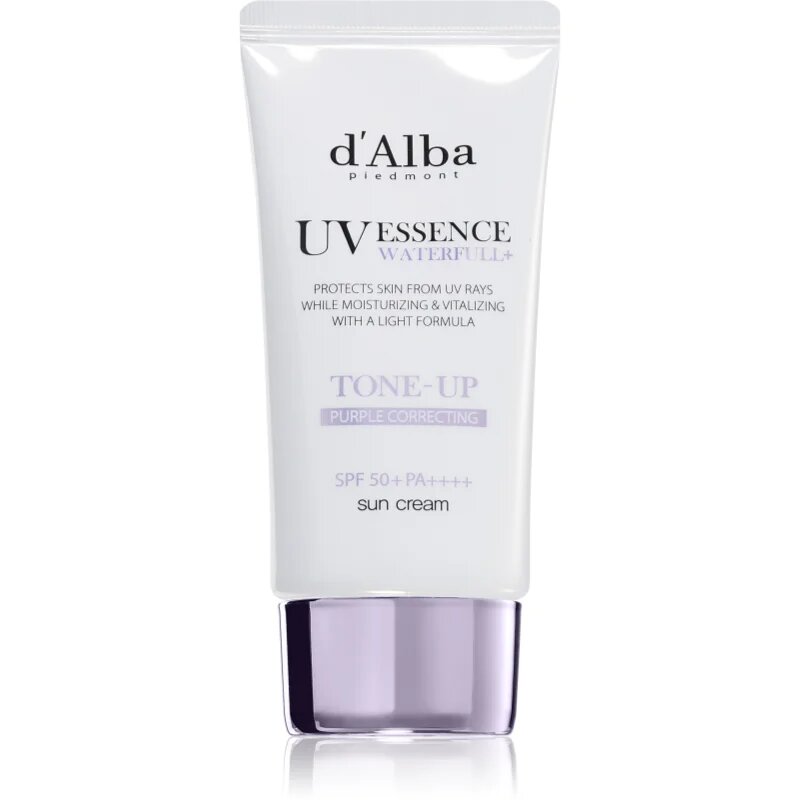 d'Alba Waterfull Purple Correcting Tone-Up Sun Cream tonirana krema za sončenje za osvetljevanje kože in hidratacijo SPF 50+ 50 ml