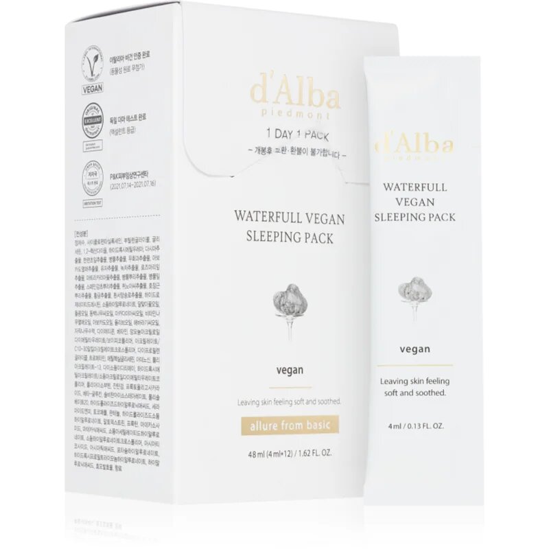 d'Alba Waterfull Vegan Sleeping Pack pomirjajoča vlažilna maska za noč 4x12 ml
