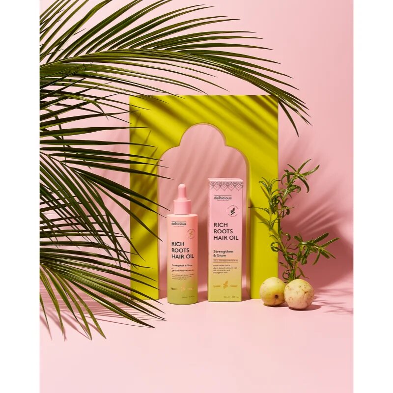 delhicious RICH ROOTS AMLA & ROSEMARY HAIR OIL vlažilno in pomirjajoče olje za suho in srbeče lasišče 100 ml