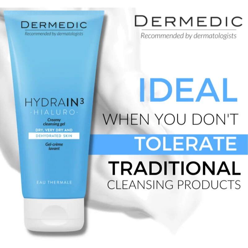 Dermedic Hydrain3 Hialuro kremasti čistilni gel za dehidrirano suho kožo 200 ml