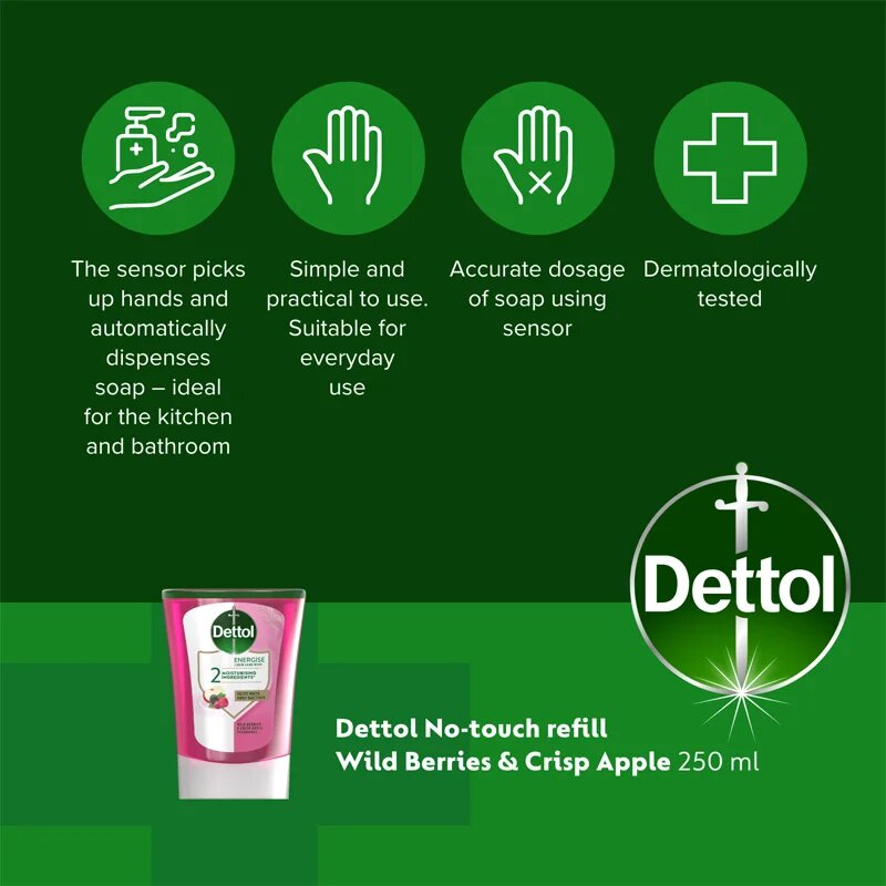 Dettol Energise Liquid Hand Wash Wild Berries & Crisp Apple polnilo za brezstični dozirnik mila 250 ml