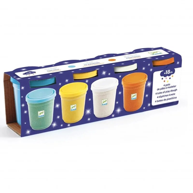 DJECO 4 Tubs of Play Dough barvna kovinska modelirna masa z odsevi 18m+ 4 kos