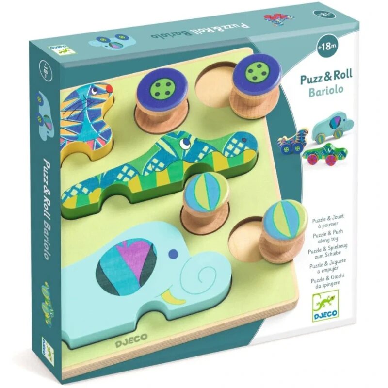 DJECO Puzzle & Push Along Toy Animal Toy Cars aktivnostna vstavljanka 18m+ 12 kos