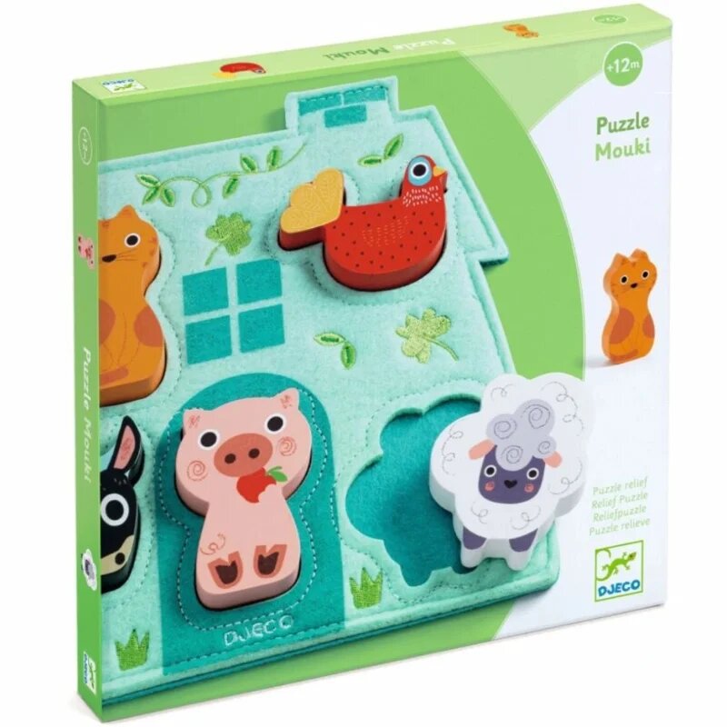 DJECO Wooden Block Puzzle Mouki sestavljanka 12m+ 1 kos