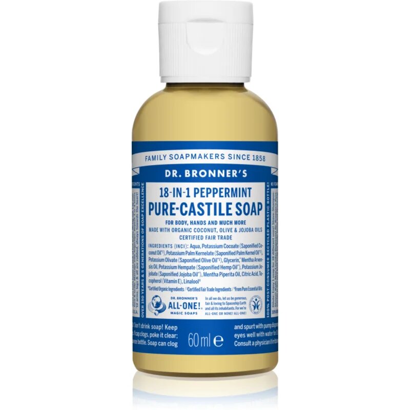 Dr. Bronner’s Peppermint tekoče univerzalno milo 60 ml