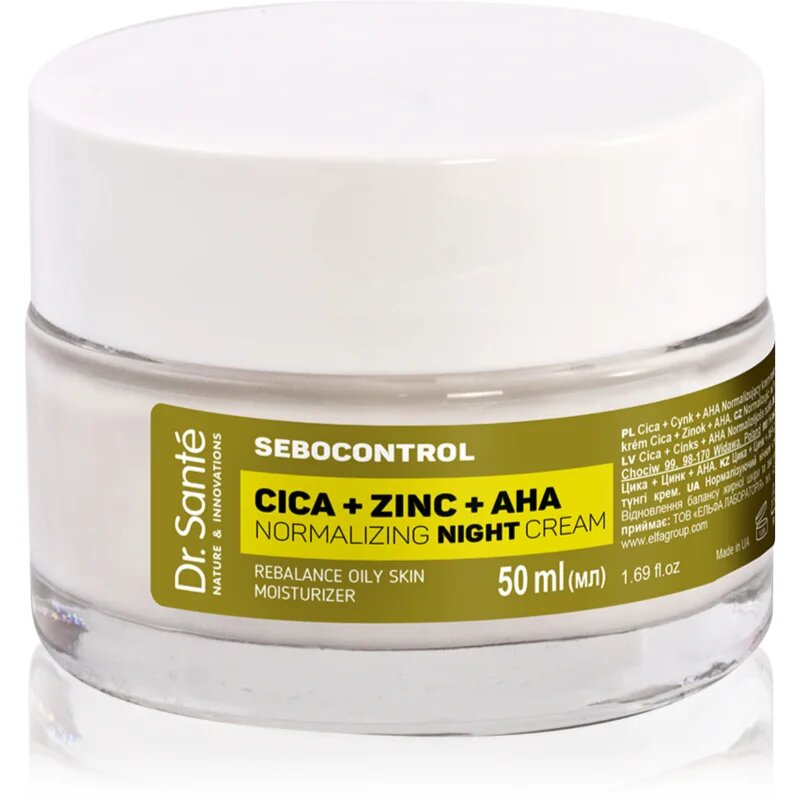 Dr. Santé Sebocontrol Cica + Zinc + AHA krema za normalizacijo kože ki regulira dejavnost žlez lojnic 50 ml