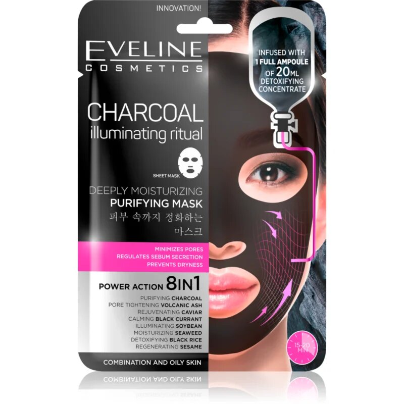 Eveline Cosmetics Charcoal Illuminating Ritual super vlažilna čistilna tekstilna maska 1 kos