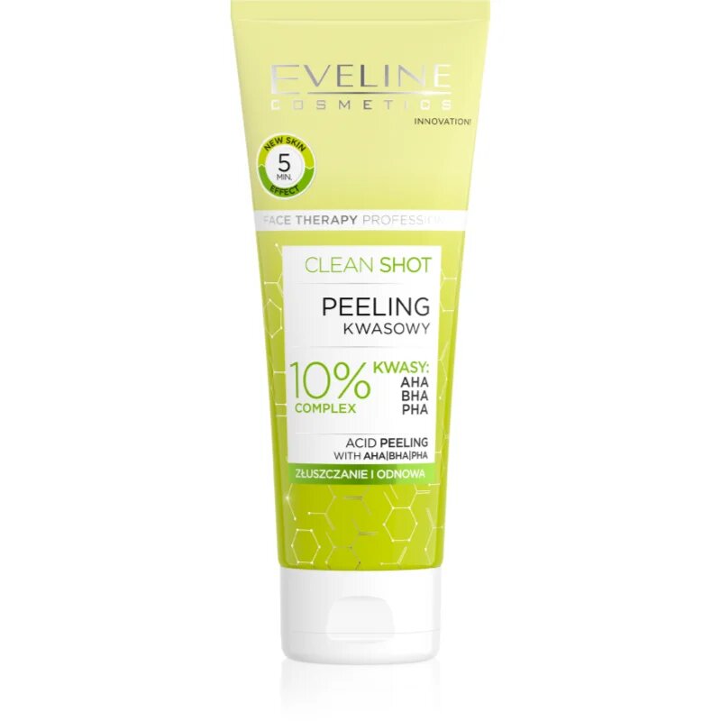 Eveline Cosmetics Clean Shot 10% Complex of AHA BHA and PHA nežni piling proti nepravilnostim na koži 75 ml